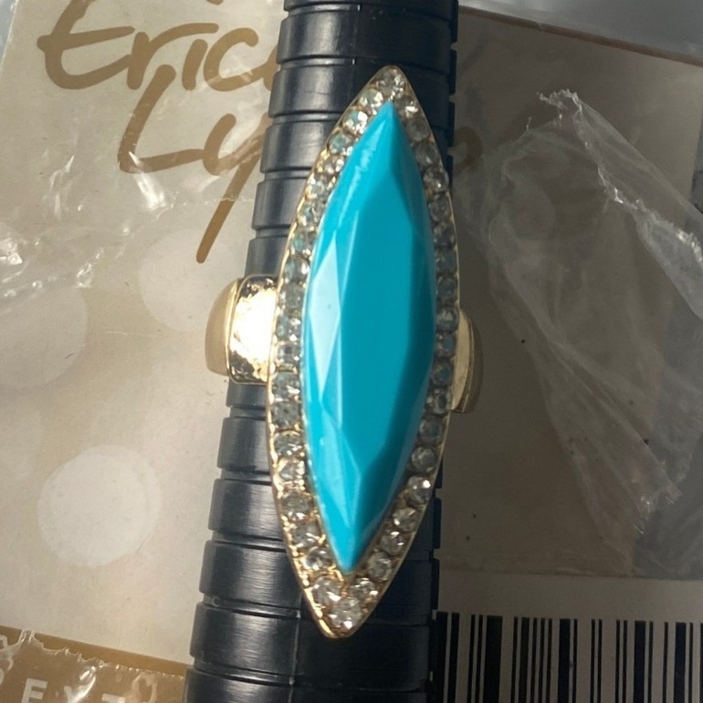 Erica Lyons Gold‎ Tone Turquoise Blue Marquise Statement Ring Size 7.5 Boho Pave